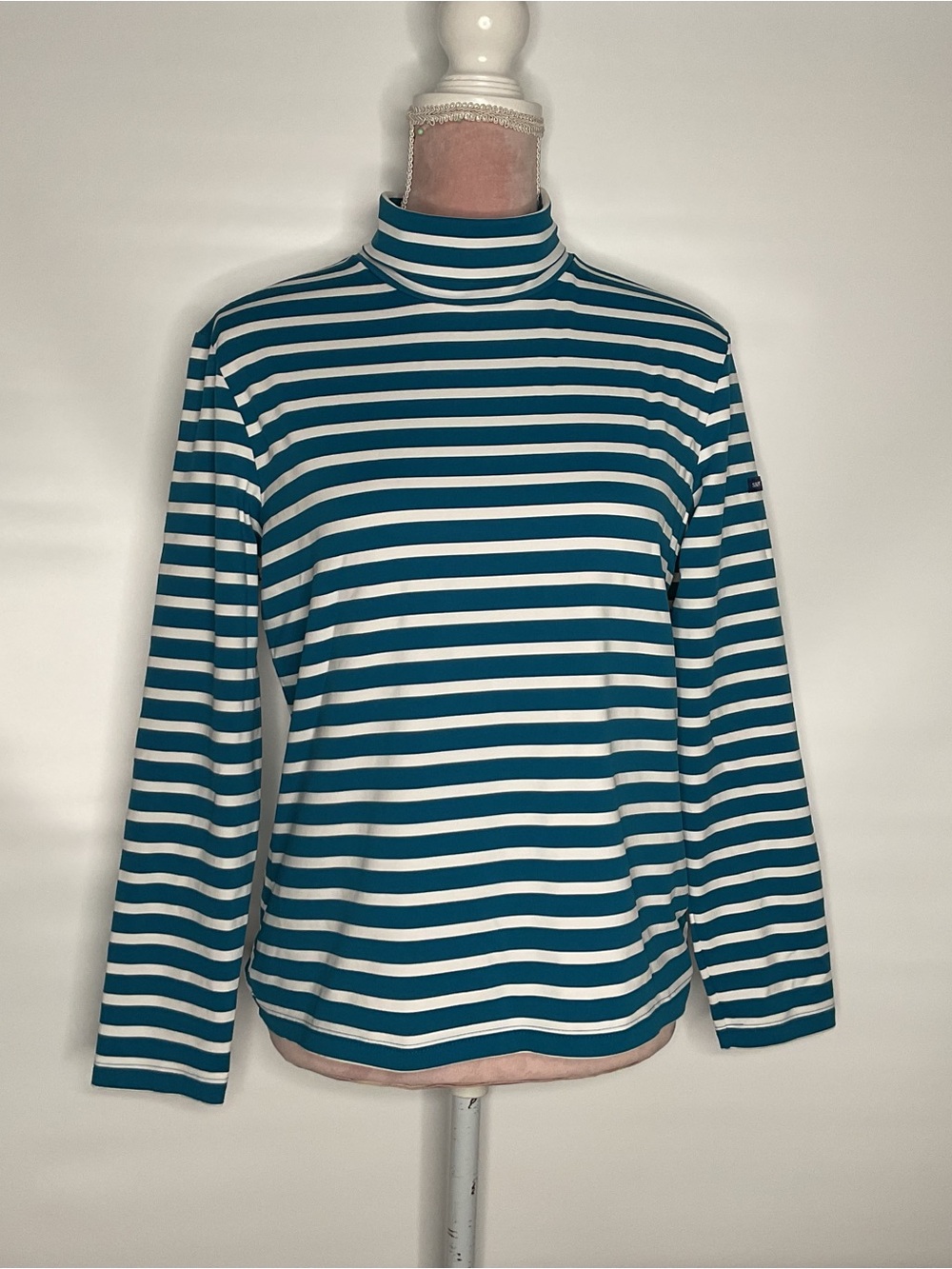 Saint James Teal and White Striped Turtleneck Long-Sleeve Top